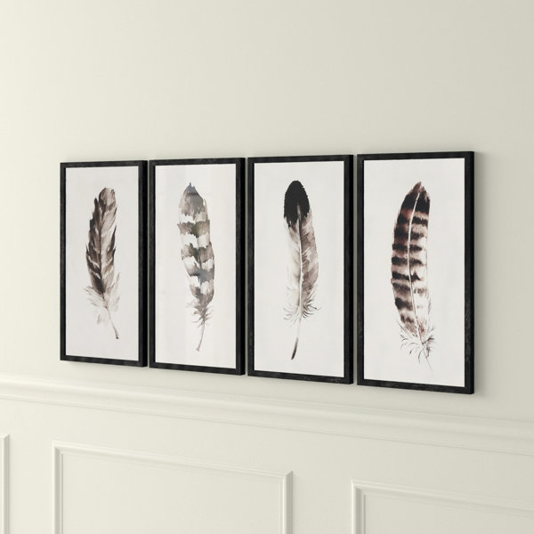 Englund Black & White Framed Feather Wall Décor 4 Piece Picture Frame Print Set on Wood
